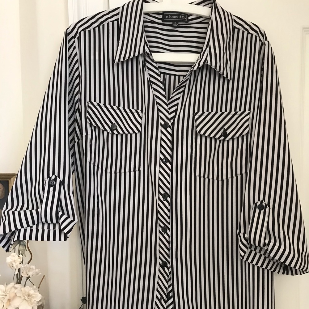 💚ELEMENTZ. BLK/WT SILKY STRIPED BLOUSE XL
